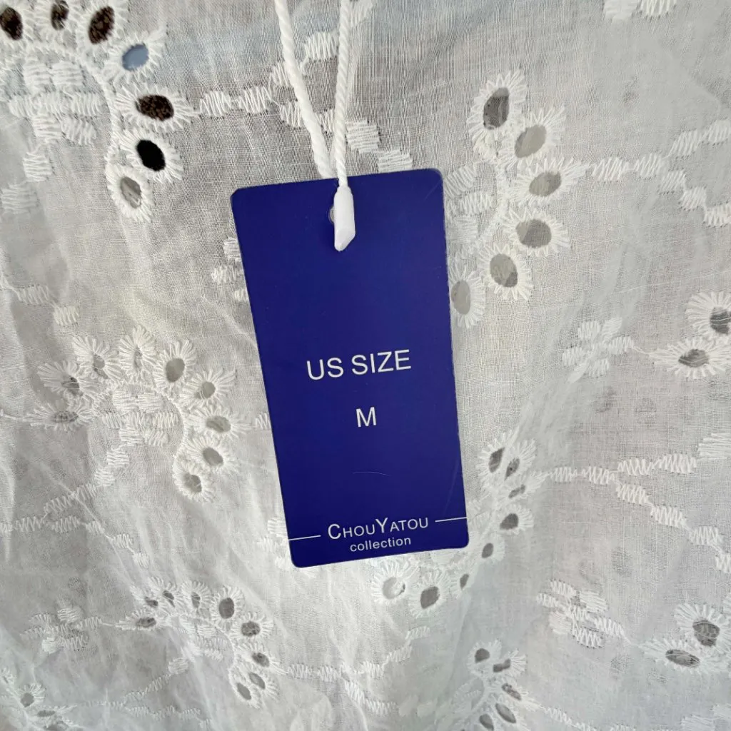 CHOUYATOU White Eyelet Broderie Anglaise Lace Top Ruffled Sleeves Cottagecore Size M - Image 6