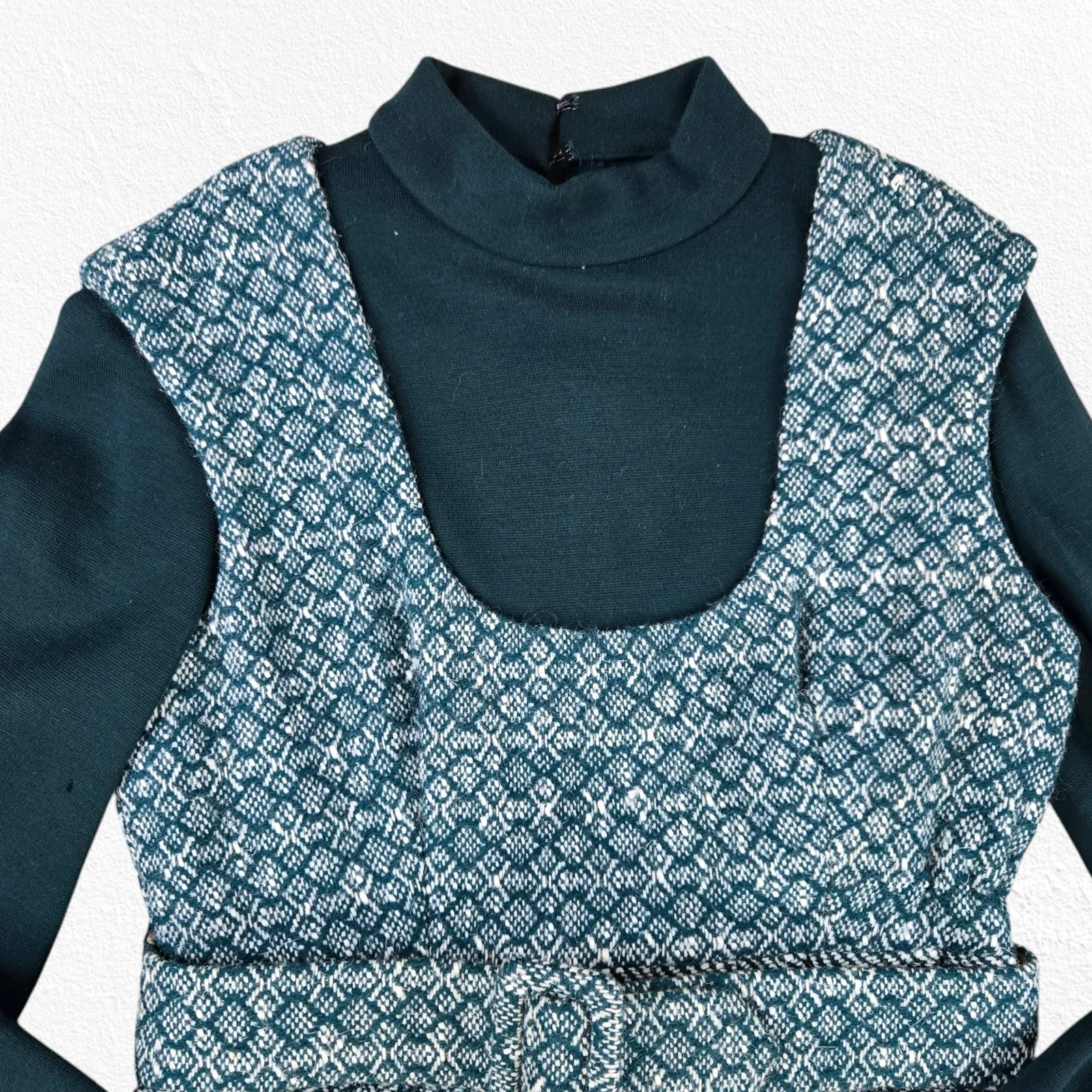 Vintage 70s Green White Tweed Jumper Turtleneck Belted Cottage Dress Size Small - Image 3