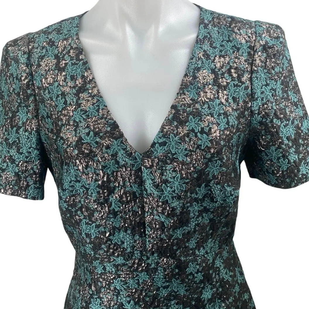 Club Monaco Black Blue Floral Short Sleeve V Neck Mini A Line Dress Size 6 - Image 3