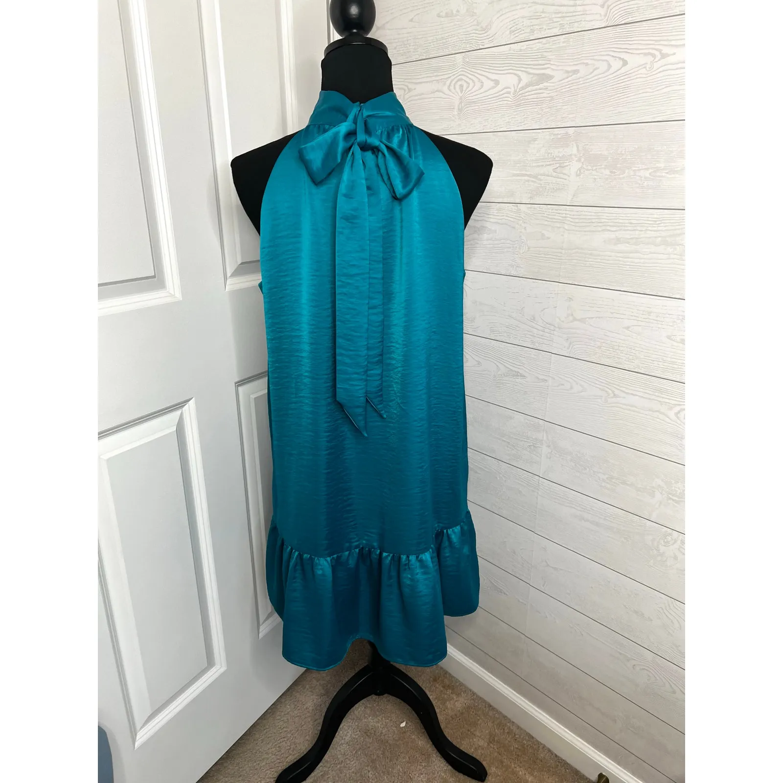 LOFT Petites Teal Satin Halter Neck Sleeveless Flounce Dress - Size Large petite - Image 4