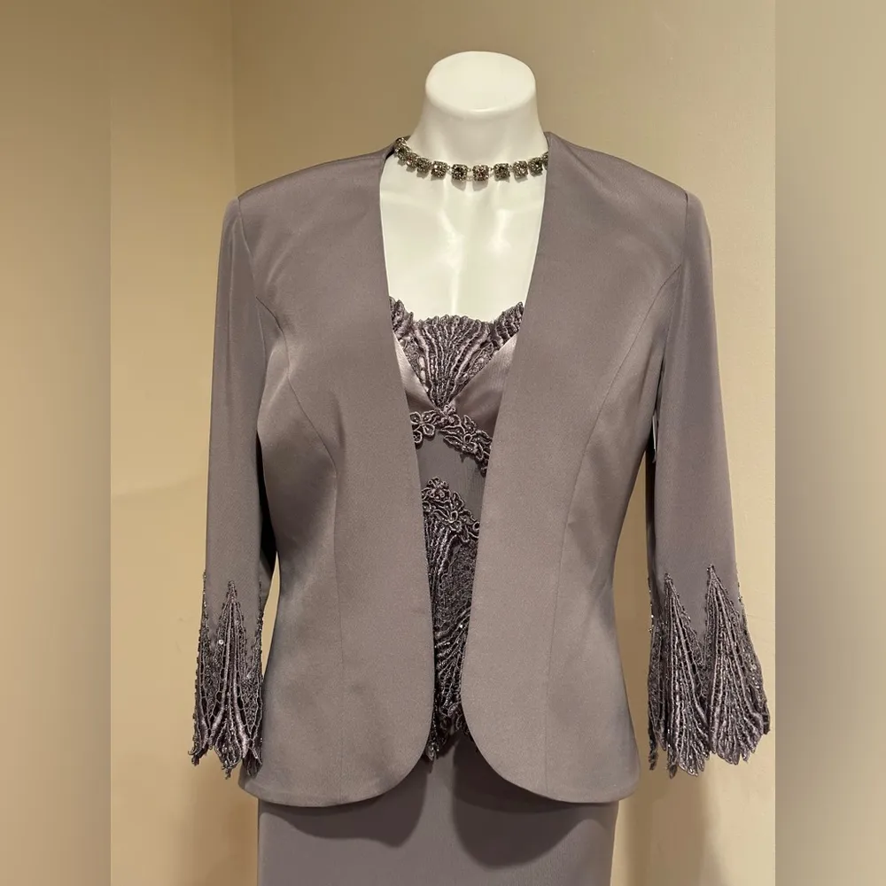 Montage By Mon Cheri Elegant Pewter Frost Gown W/Jacket Set Color Sz. 12 Purple - Image 3