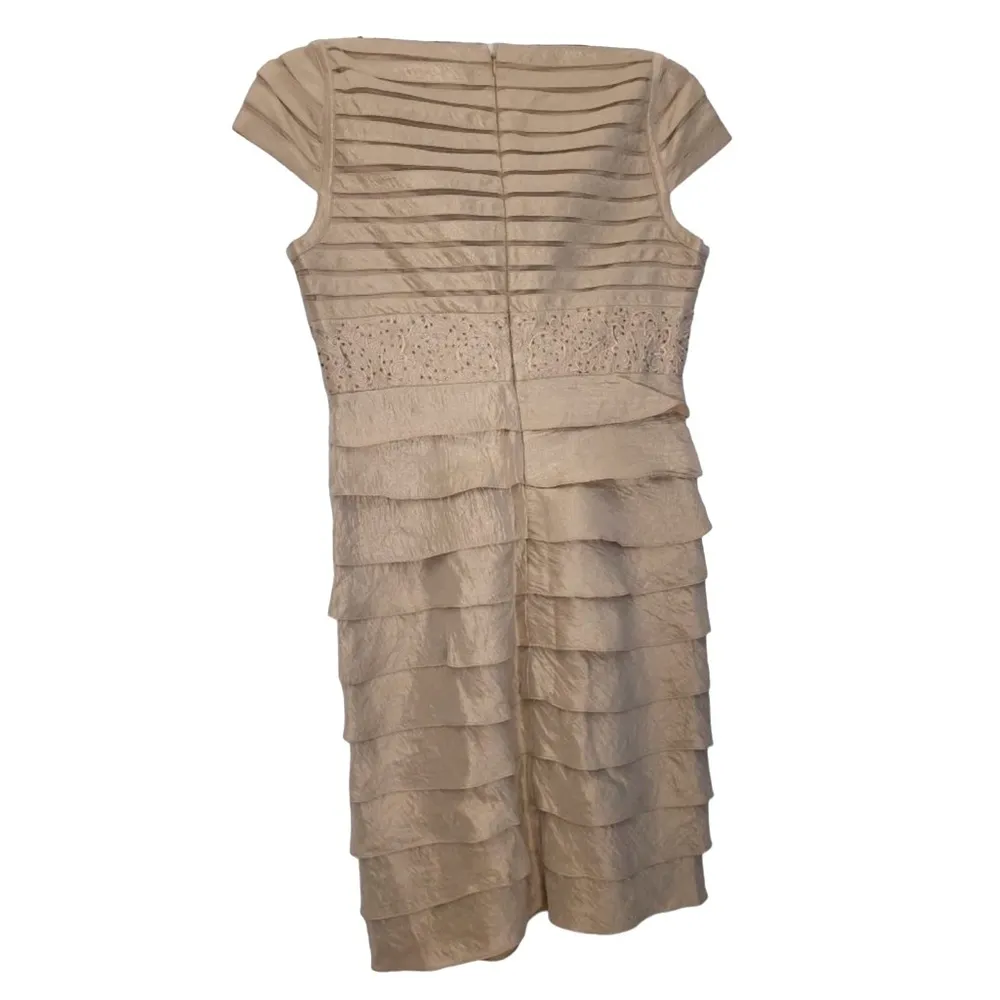 ADRIANNA PAPELL OCCASION CHAMPAGNE SHUTTER PLEATED BEADED SHORT CAP SLEEVE DRESS - Image 4
