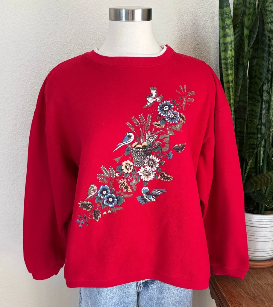 Vintage Red Floral Bird Sweatshirt Cozy Fall Grandma Core Pullover XL - Image 1