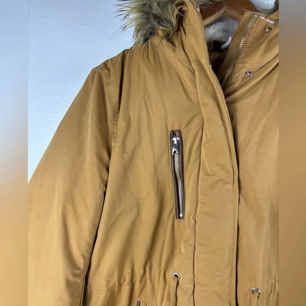 H&M Divided Small Faux Fur Shearling lined Hooded Parka Coat Light Brown‎ - Image 3