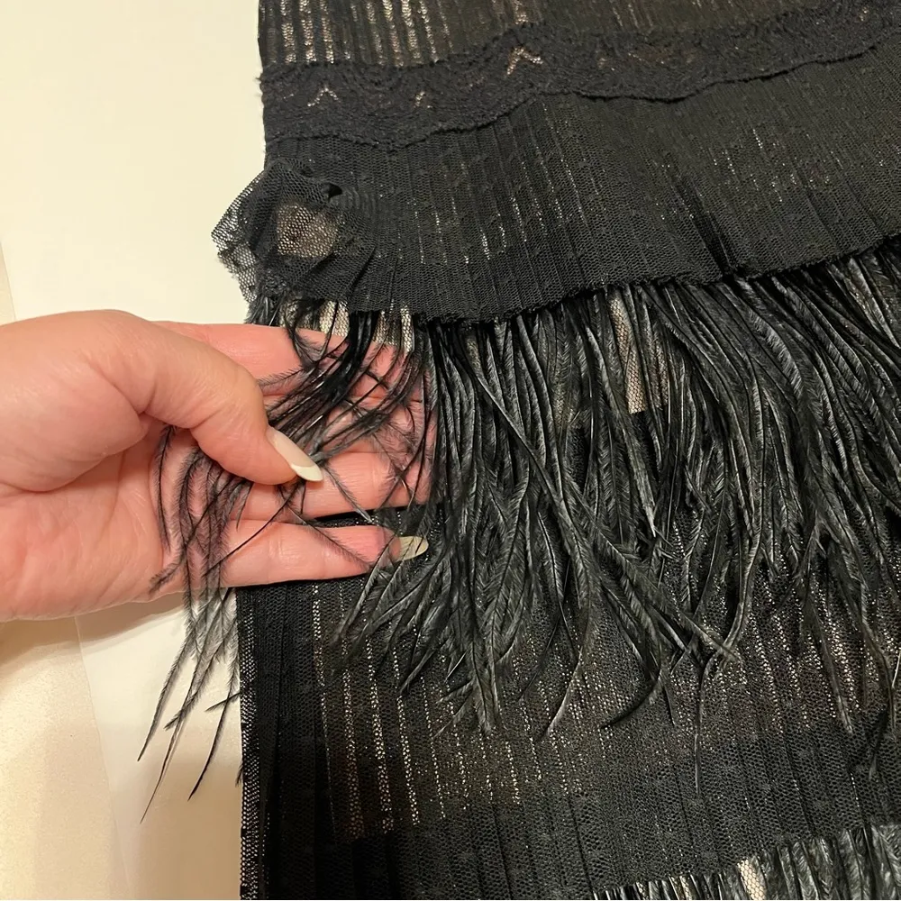 BCBGMaxAzria ostrich feather trim mini dress, lace inlay, nude satin lining,sz 4 - Image 14