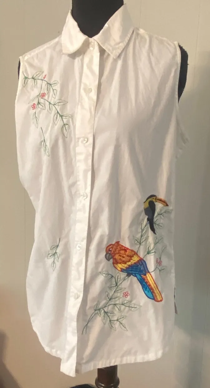 Kim Rogers Sleeveless White Embroidered Bird Blouse Cotton Button Front M Resort - Image 1