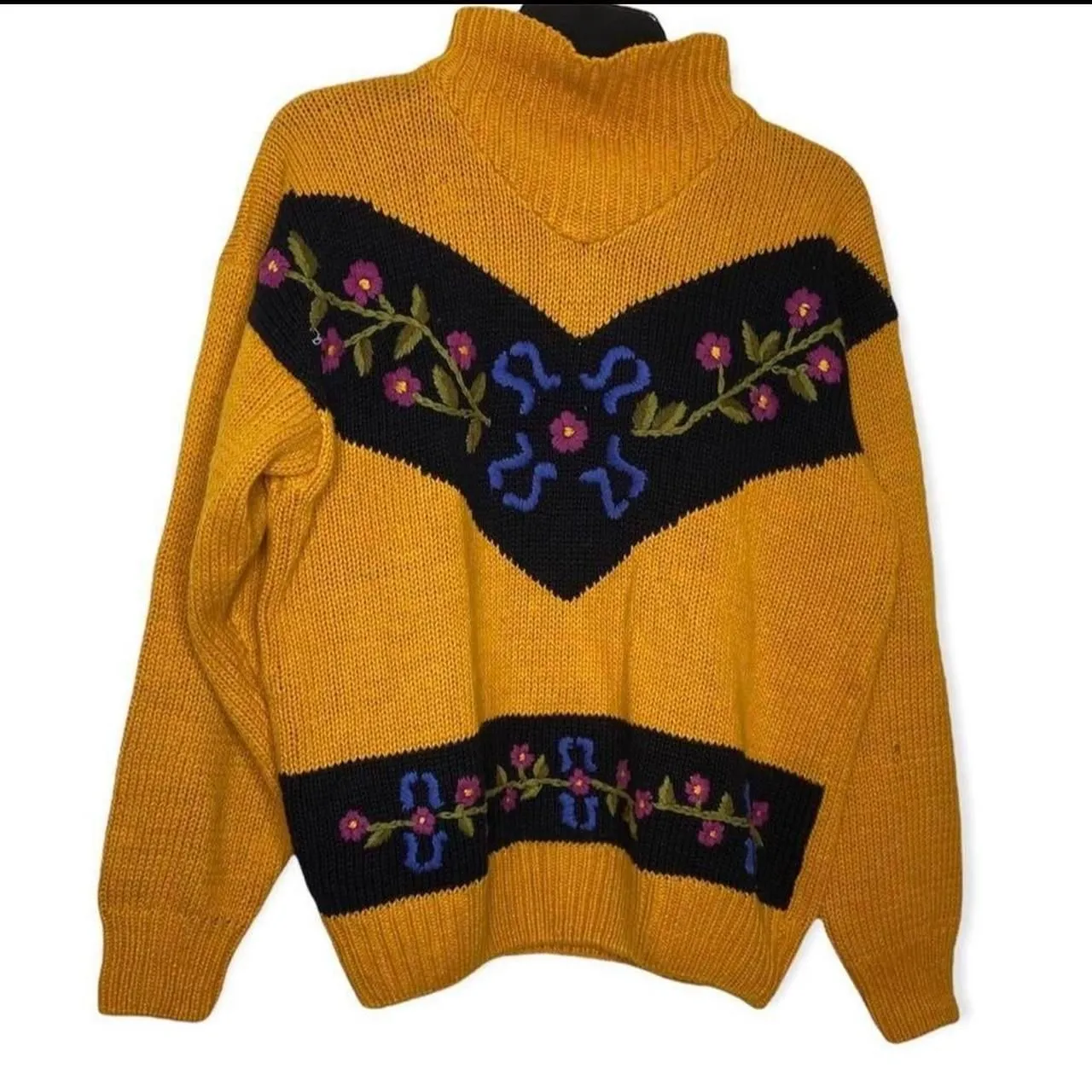 Vintage mustard yellow floral Sweater medium 80s 90s boho fall Black - Image 2