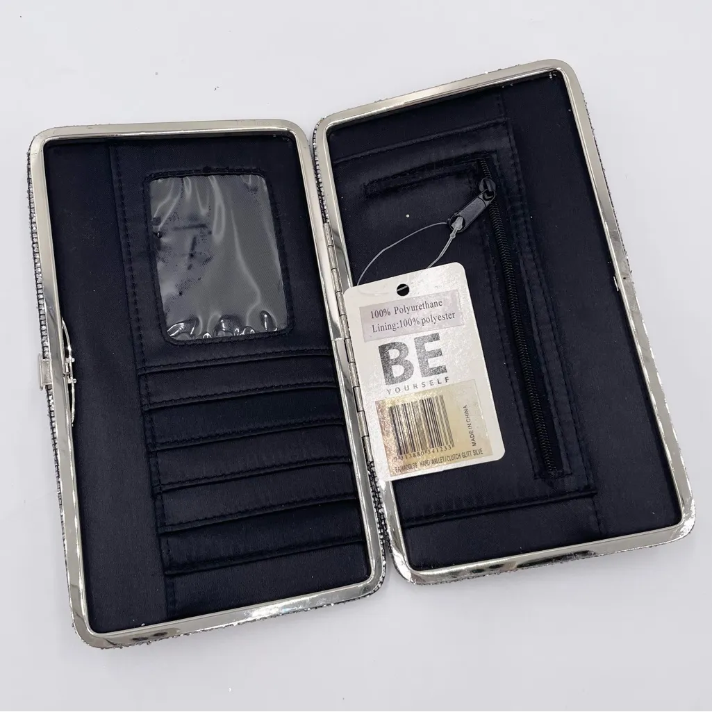 NEW Be Yourself Hard Wallet Clutch Silver Glitter Crystal Embellished Evening - Image 3