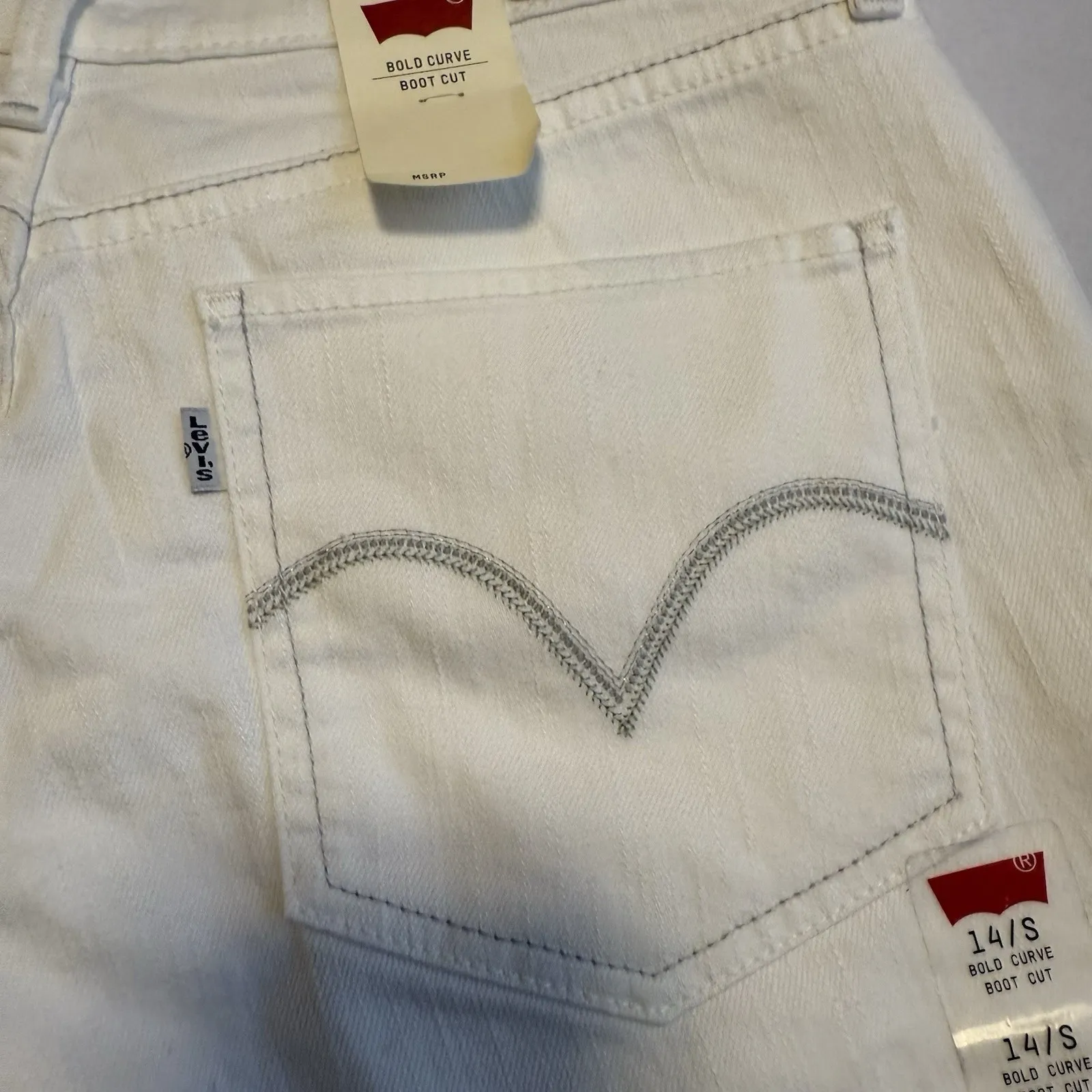 LEVI STRAUSS & CO Lady NEW White Bold/Curvy Gray Stitch Bootcut Denim Jean 14S # - Image 3