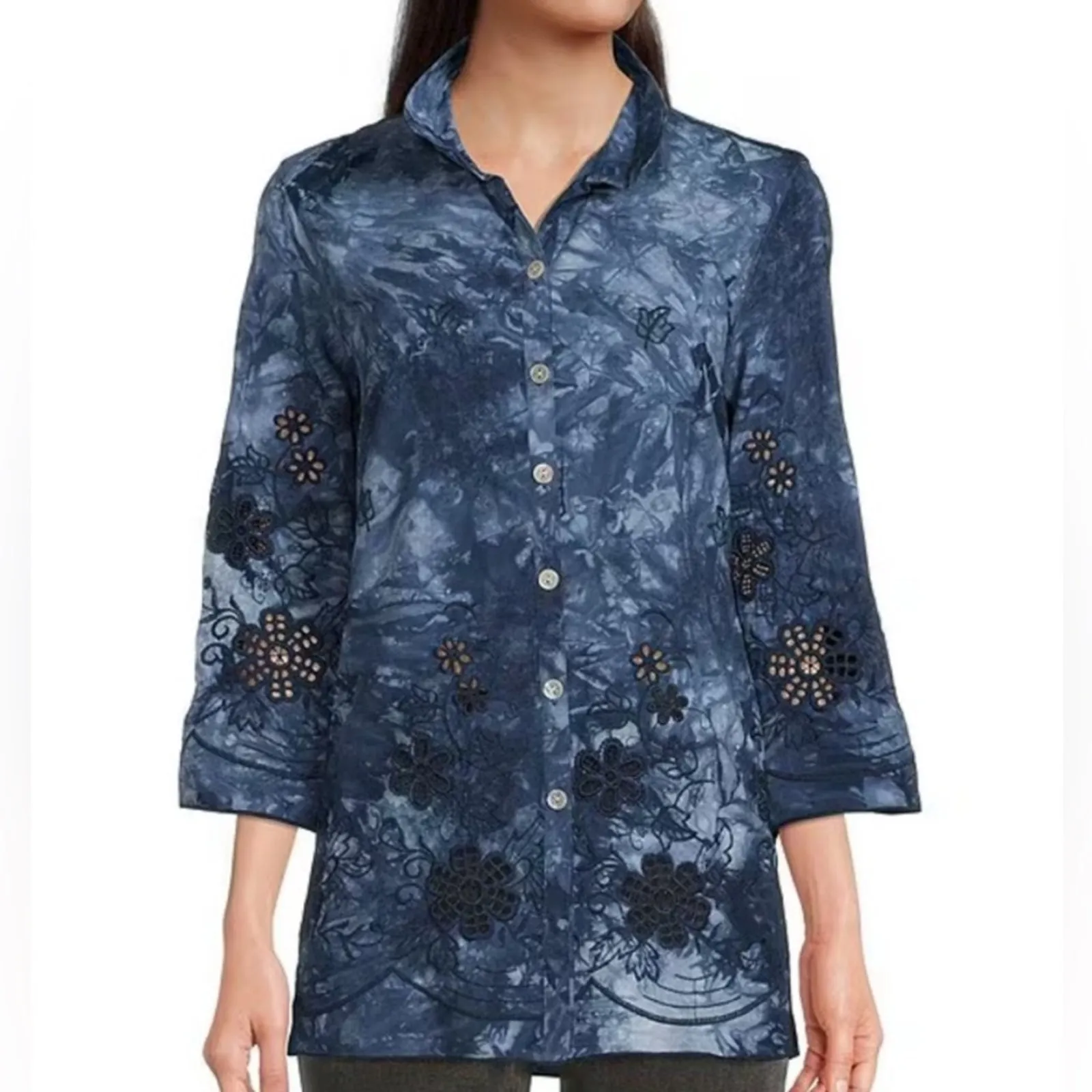 NWT John Mark Blue Boxy Watercolor Top Embroidered Eyelet Floral Lace Blouse L - Image 2