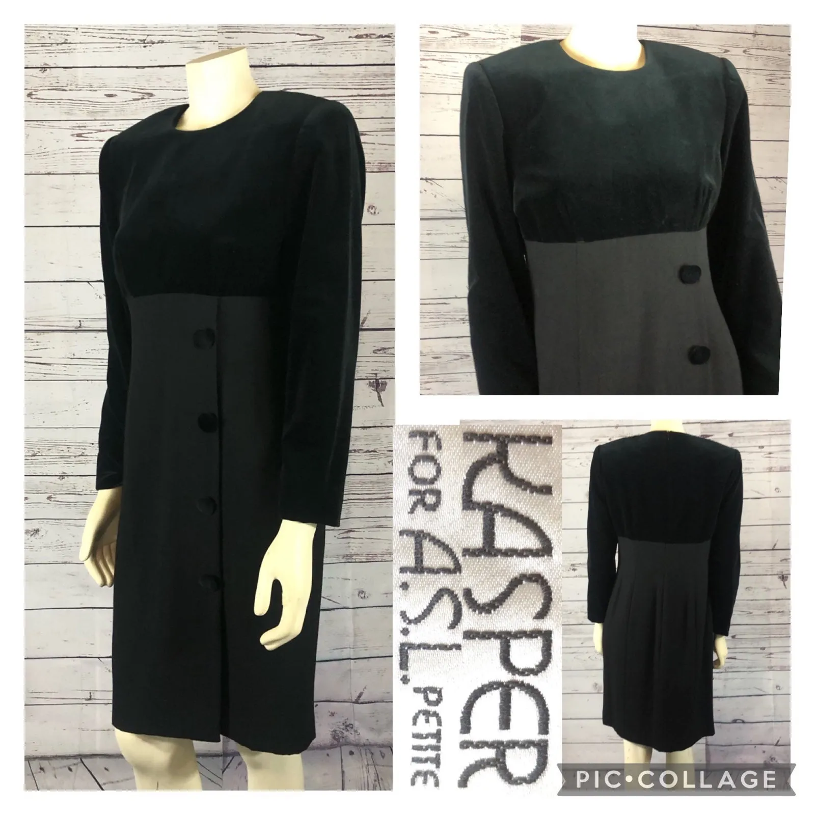 Vintage Kasper ASL Black Velvet Dress with velvet front buttons size 8 p - Image 3