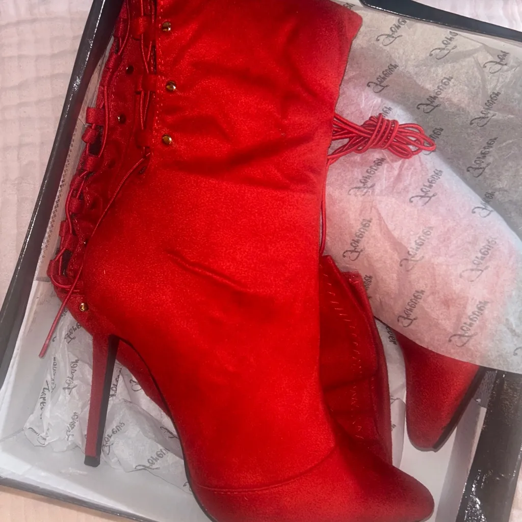 New Red Stretchy Over The Knee Thigh High Boot Gold Studded Stiletto High Heel - Image 12