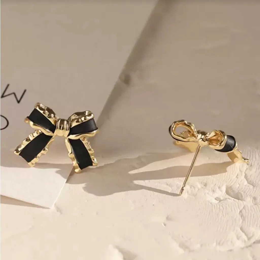 Gold and Black Bow Earrings - Image 2