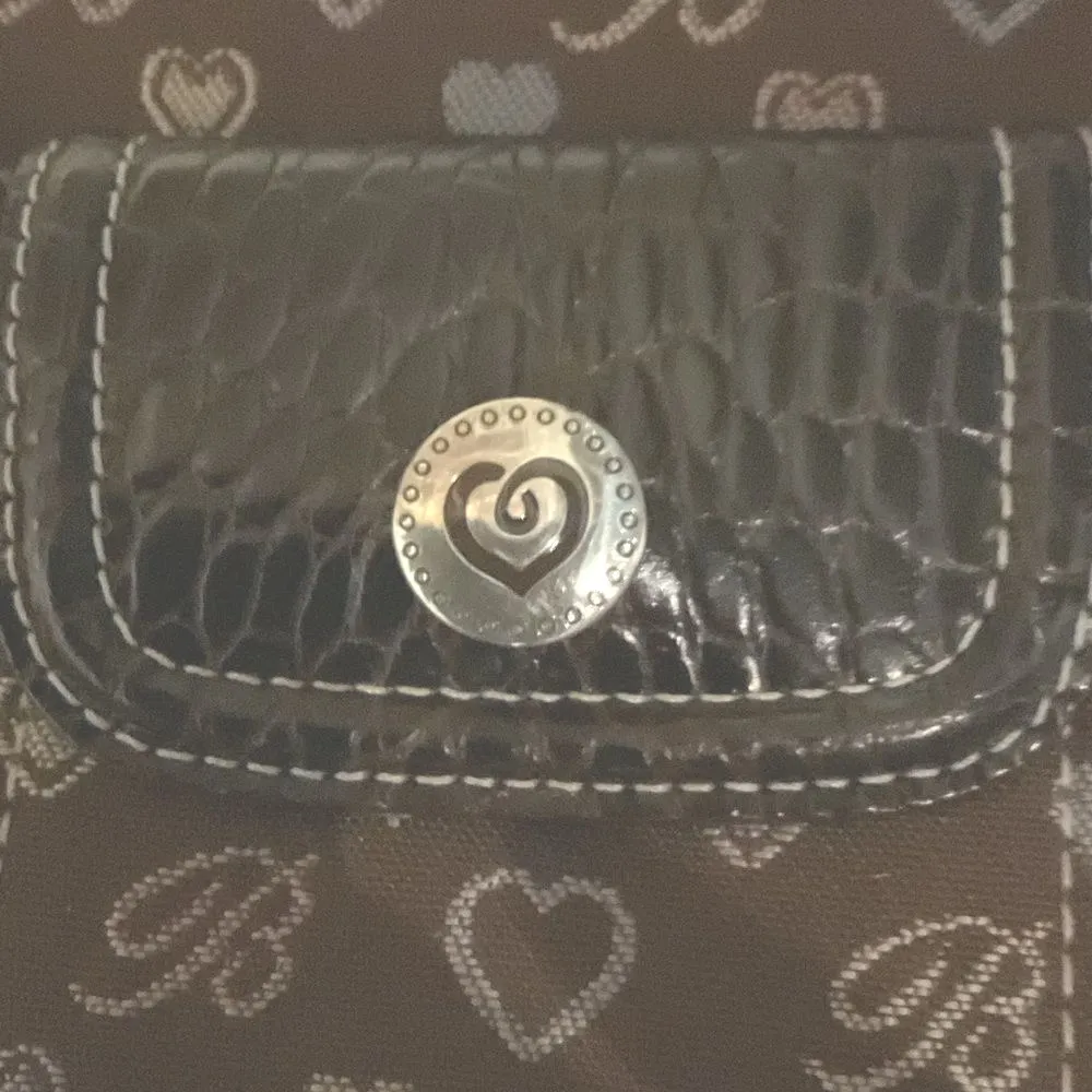 Brighton Satchel Purse Hearts Brown Jacquard‎ Fabric Leather Moc Croc Trim - Image 6