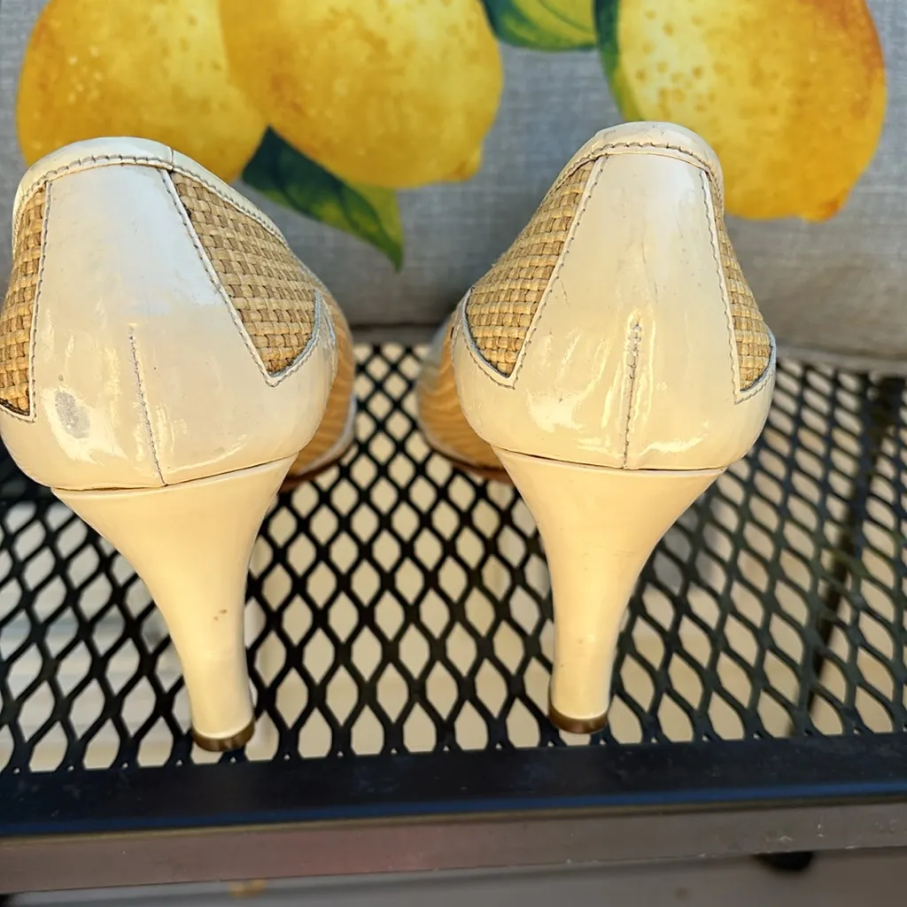 Prada cap toe cream patent and raffia 3” Heels - Image 8
