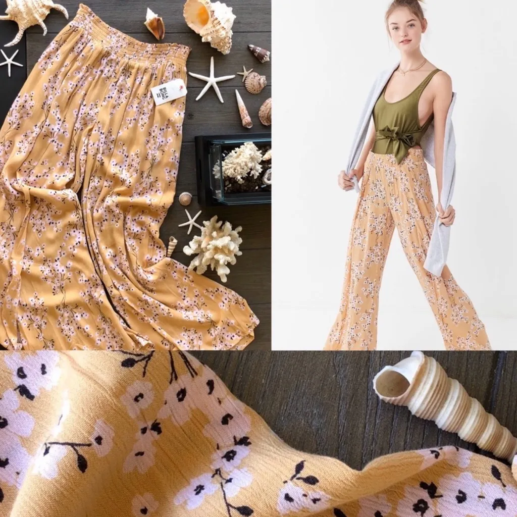 Billabong NWT Floral Yellow Wide-Leg Pants with Faux Wrap on Legs - Image 2