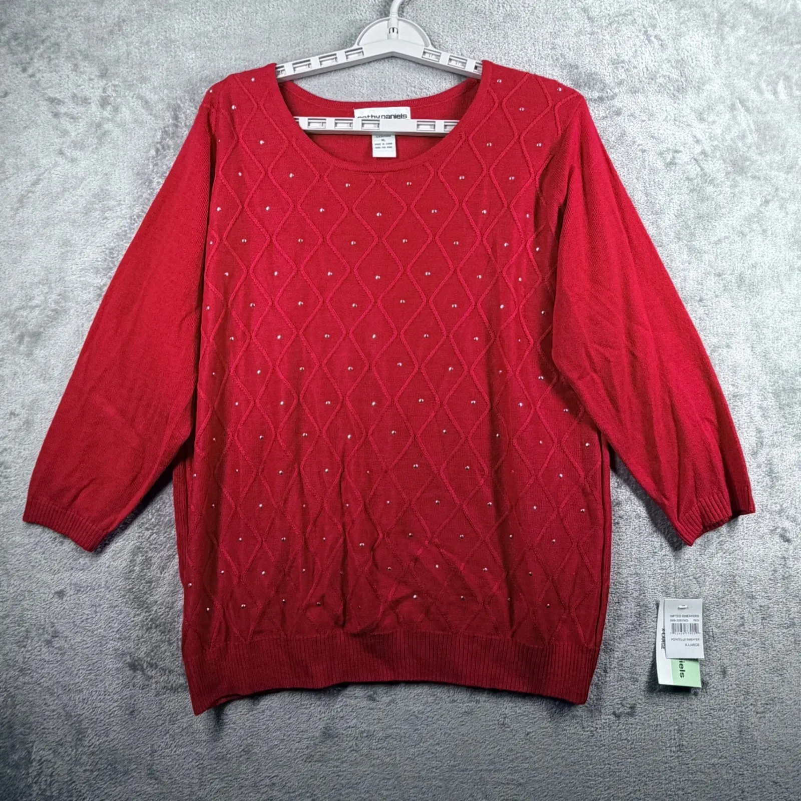 Cathy Daniels XL Red Studded Sparkle Quilted Sweater Holiday Christmas Glam - Image 2
