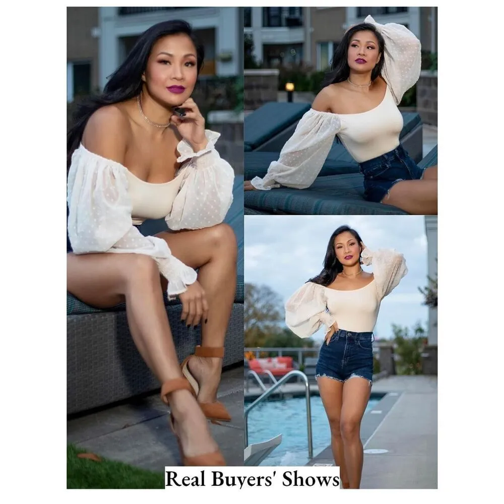 NEW Puff Bodysuit Off Shoulder Leotard Sheer Polka Dot Sleeve S - Image 2