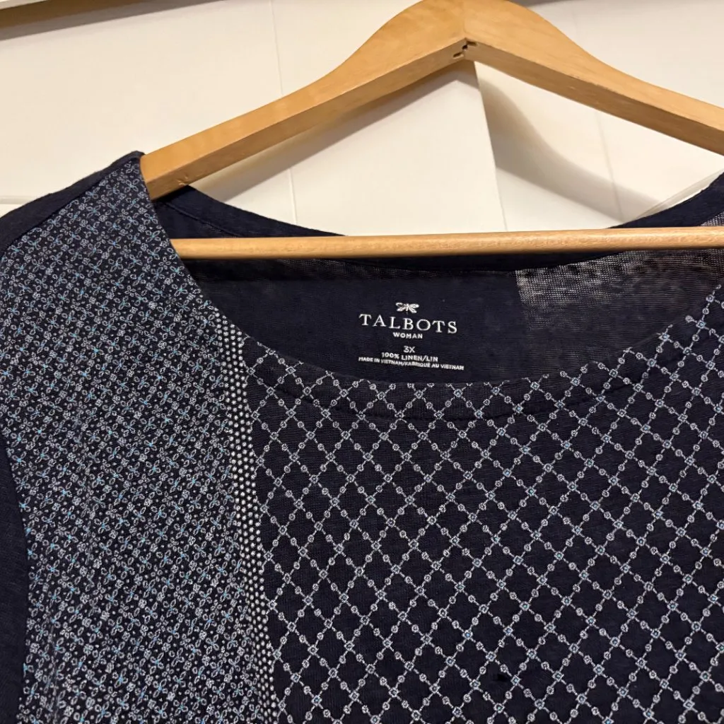 Talbots Woman Blue Floral Print Blouse 3X Short Sleeve 100% Linen Scoop Neck - Image 2