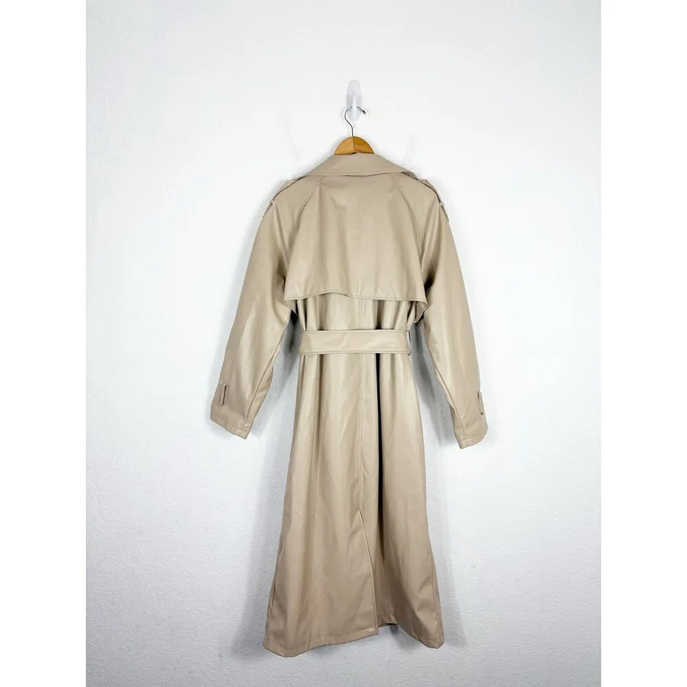 ASOS DESIGN Tan Faux Leather Trench Coat Size 12 Long Preppy Chic Minimalist - Image 14