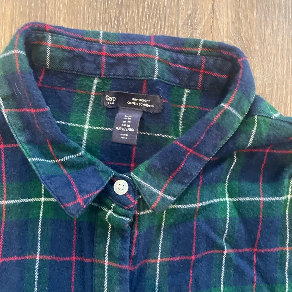 Gap Boyfriend Shirt Women Button up Flannel in Blue & Green Tartan Plaid Size M - Image 3