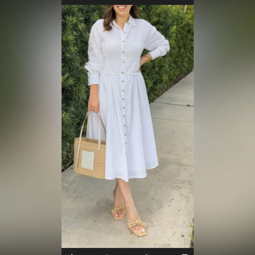Pilcro Shirred Corset Buttondown Dress blogger fav midi casual formal fall $148 White Size XS - Image 3