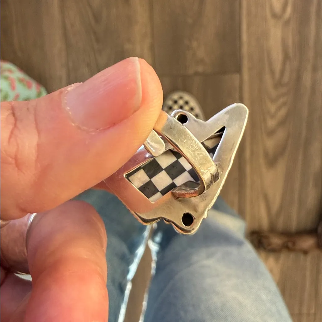 Sterling Silver black onyx checkered lightening bolt Statement Ring adjustable - Image 5