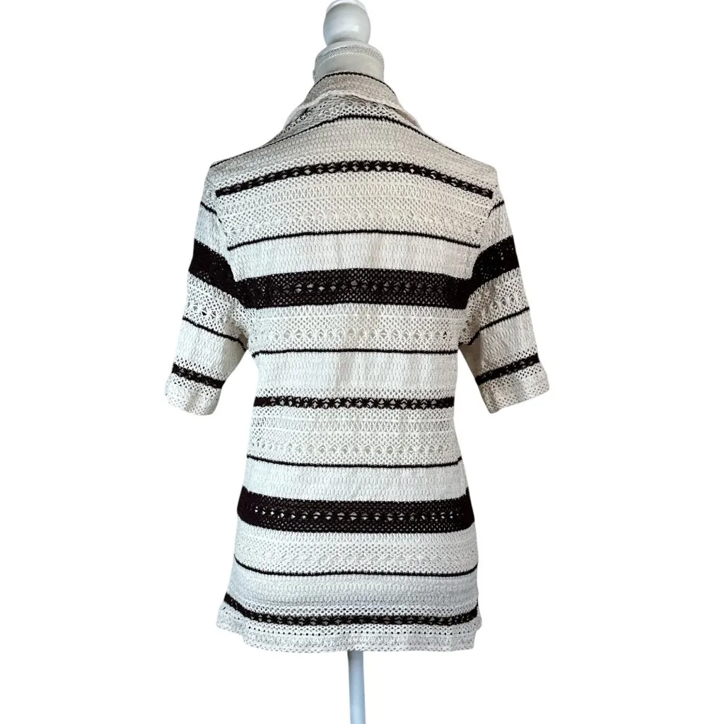 WAO Crochet Stripe Camp Shirt in Natural & Brown Medium New Womens Top - Image 8