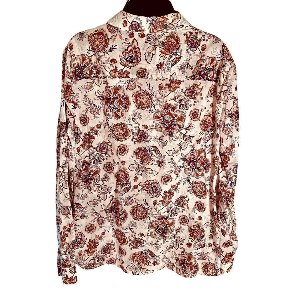 Orvis Shirt Womens 12 Ivory Floral Button Up Long Sleeve Collar Outdoorsy - Image 2
