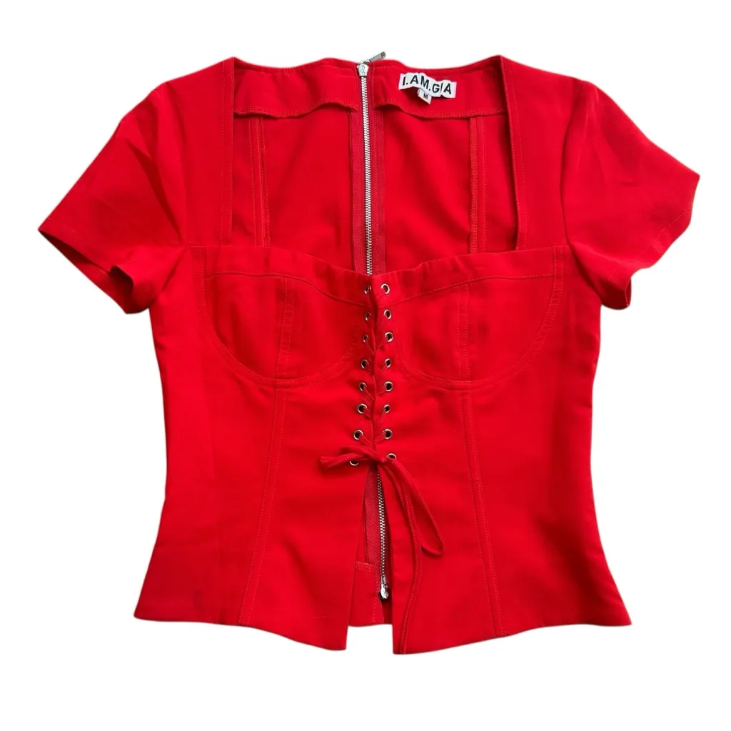 I. Am. Gia‎ Womens Size M Evita Corset Crop Top Bright Red Square Neck Going Out - Image 2