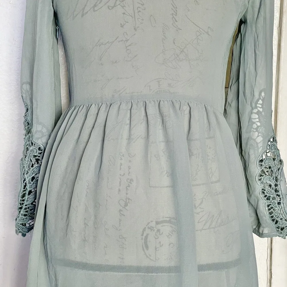 H&M Divided Womens Dress Sz 2 Green Lace Embroidered Sheer Pintuck Southwestern - Image 7