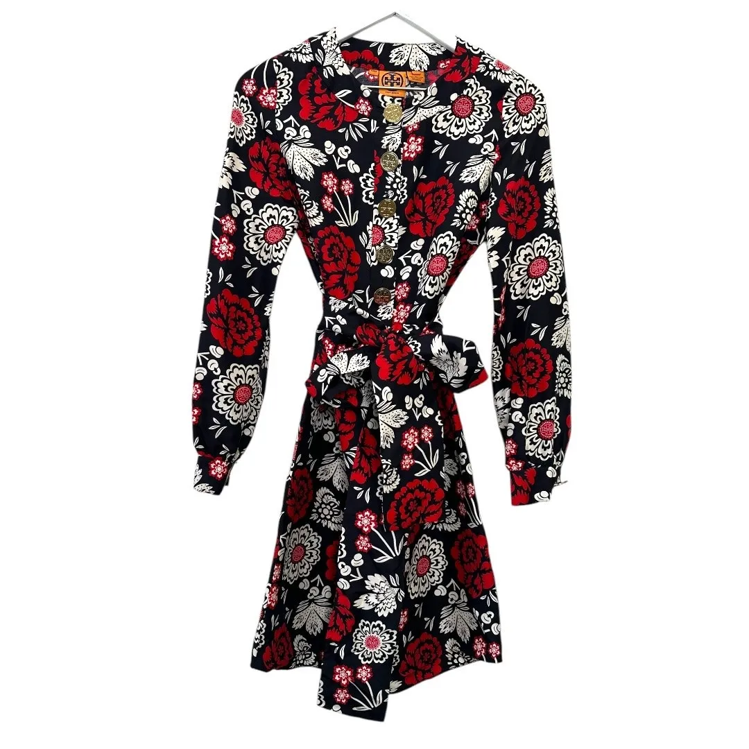 Tory Burch Red Navy Floral Silk Button Front Dress Size 2 - Image 6