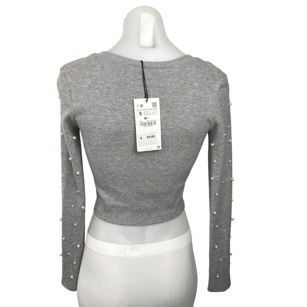 NEW Zara Grey Pearl Embellished Long Sleeve Stretch Crop Cardigan Sweater Top S - Image 2