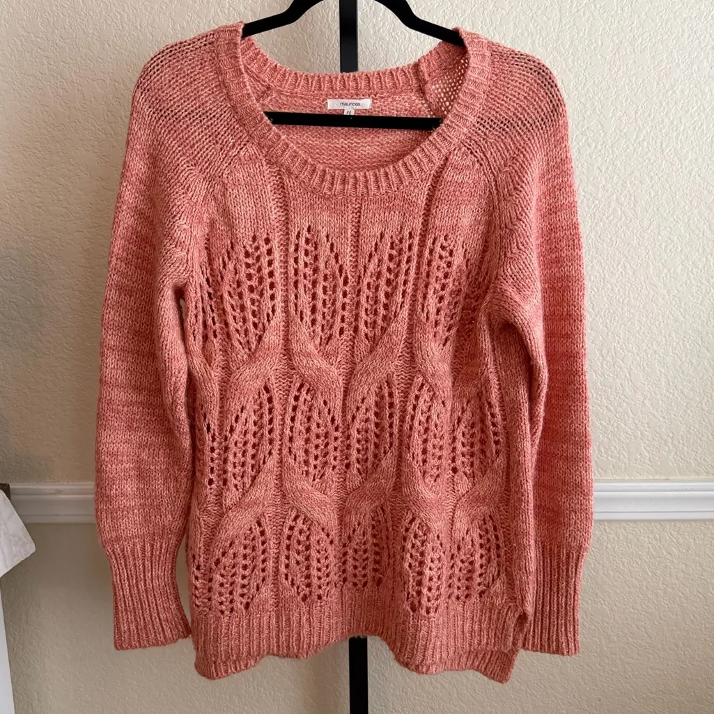 Soft Knit Textured Open Weave Cozy Scoop Neck Sweater Pink Layering Top Large - Image 11