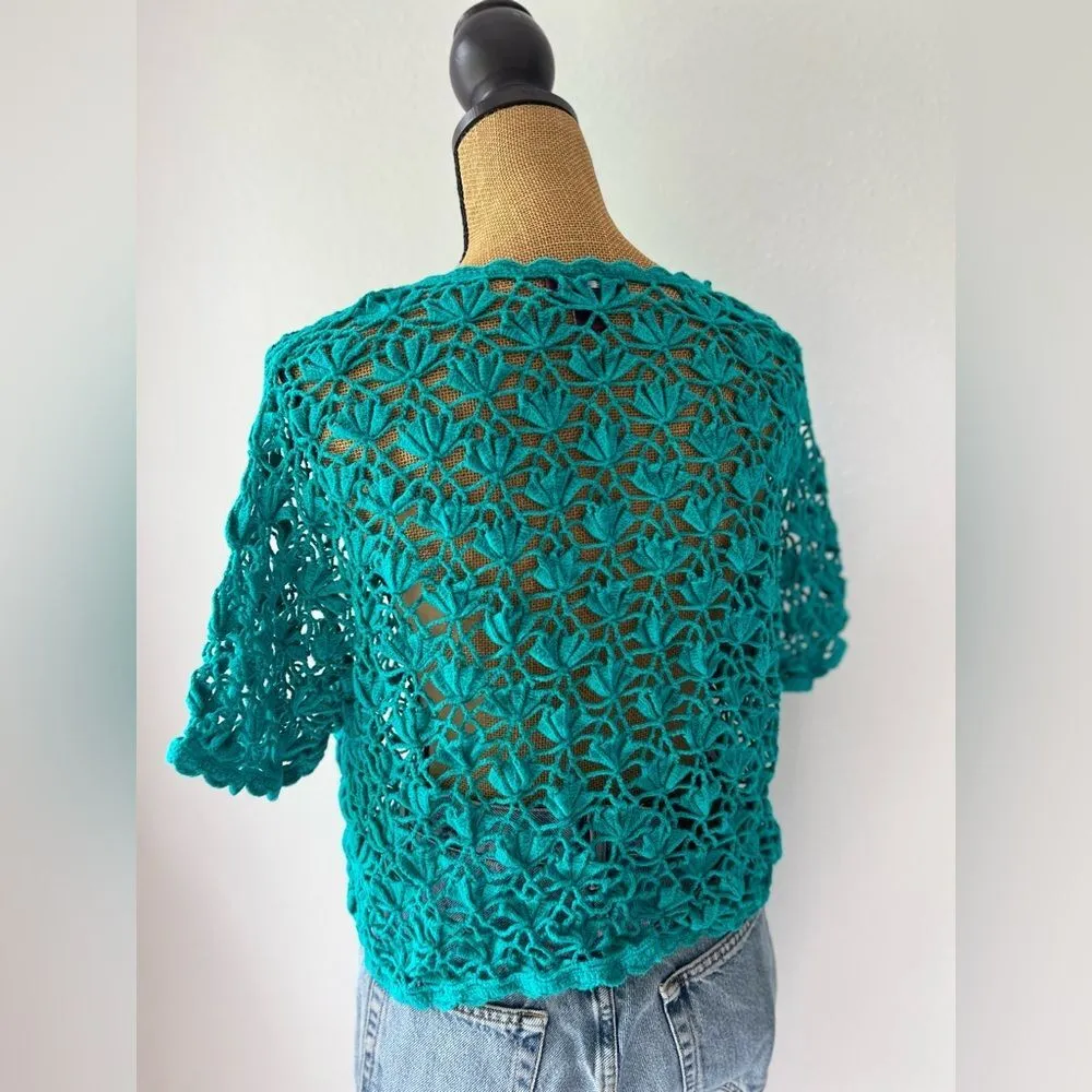 Jessica London Cropped Crochet Blue Short Sleeve Cardigan - Image 9
