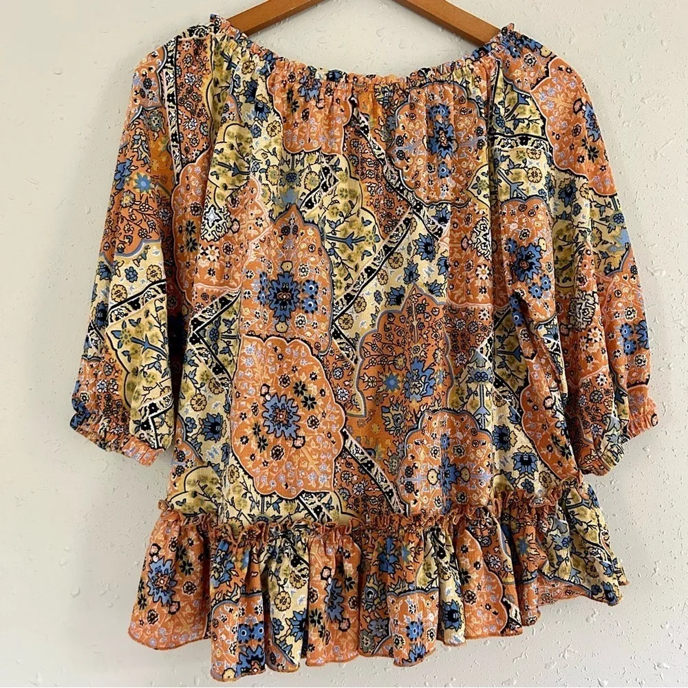 🦋 Melloday Off the Shoulder Orange Yellow Paisley Mid Sleeve Boho Blouse Medium - Image 4