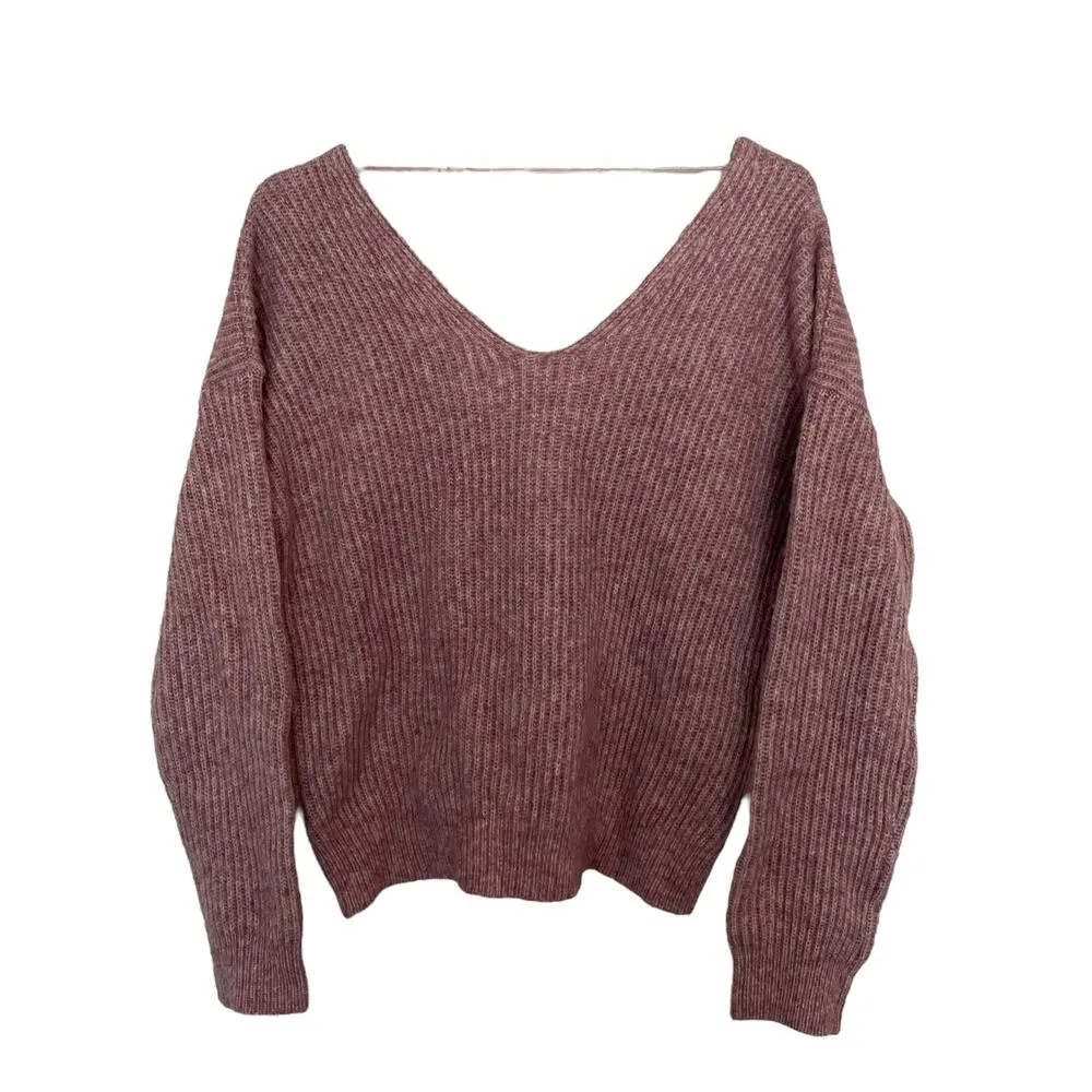 NEW Angel Of the North Anthropologie Pink Heather Wool V-Neck Sweater Small - Image 3