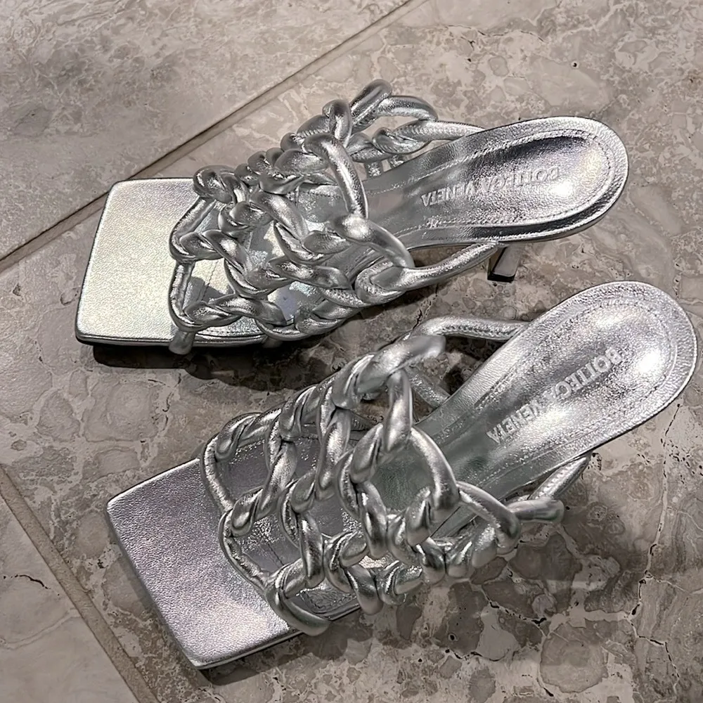Bottega Veneta Stretch High Heel Slide Sandals in Silver Size 37.5 NEW+2DustBags - Image 7