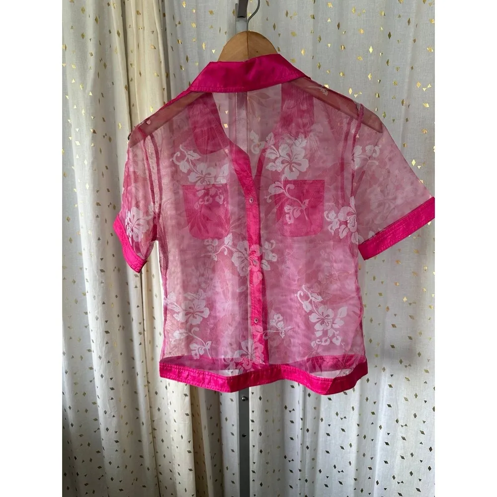 Unbranded Sheer Floral Barbiecore Button Down Collar Shirt Jacket L Pink Size L - Image 3