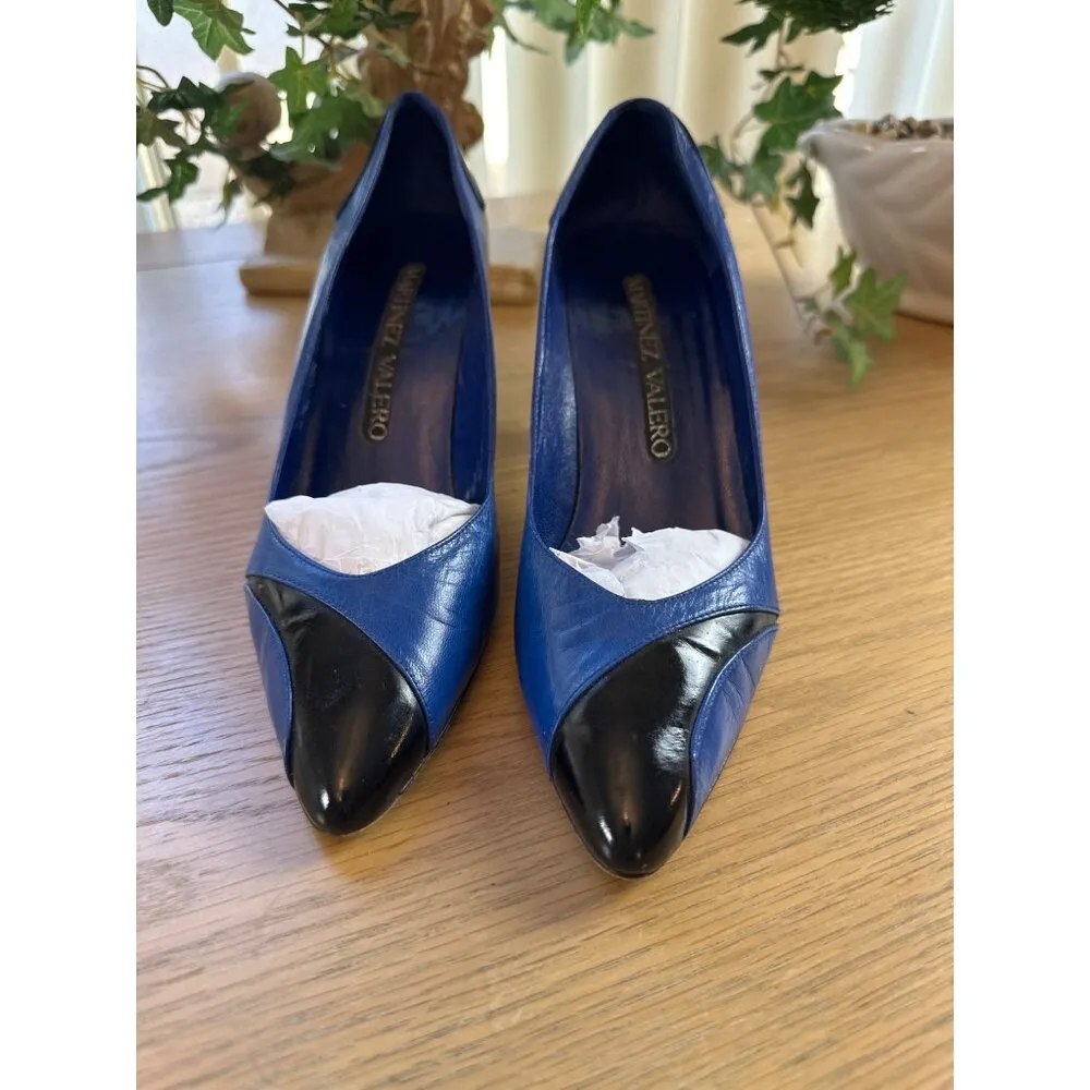 Martinez Valero Size 6.5 Leather Dress Two Tone Heel Pointed Toe Elegant Design Blue - Image 3
