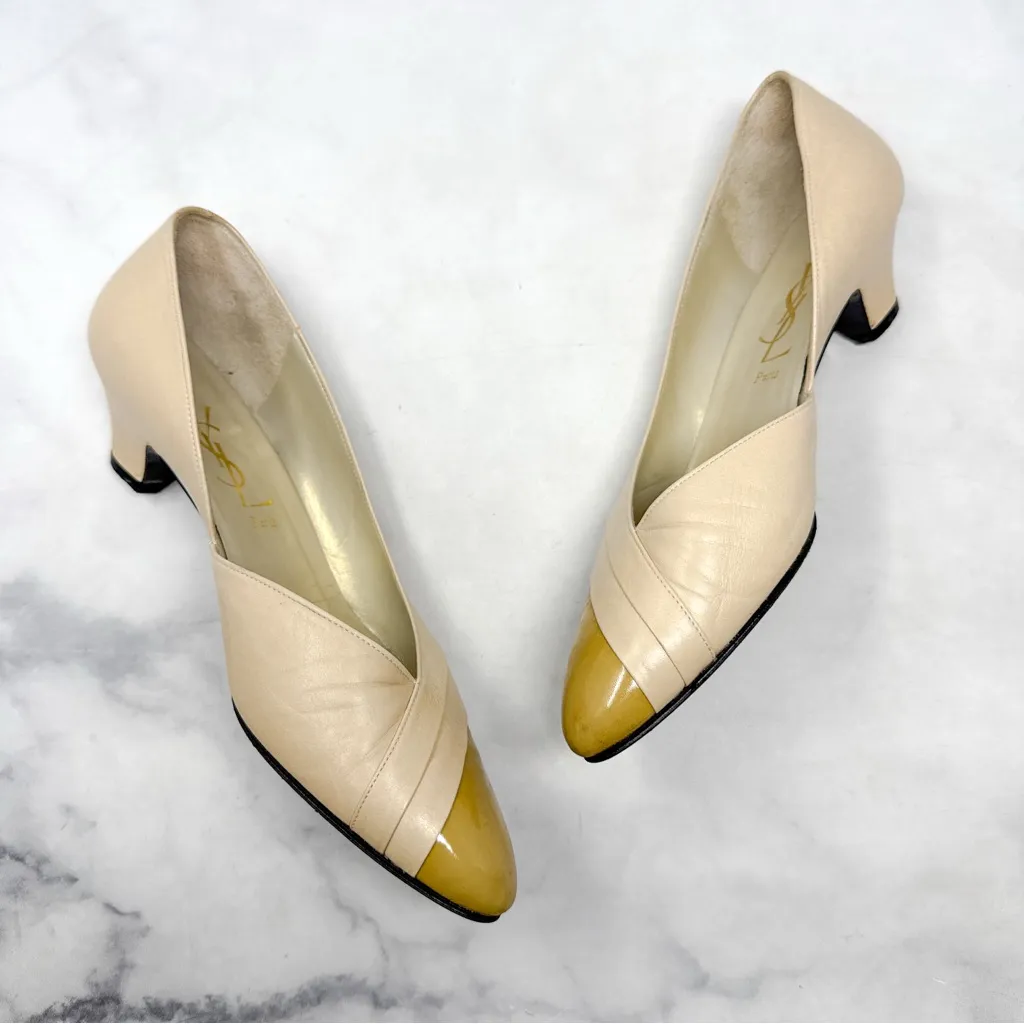 YSL Yves Saint Laurent Vintage Leather Low Block Heeled Flats Shoes Retro 5.5 Gold - Image 9