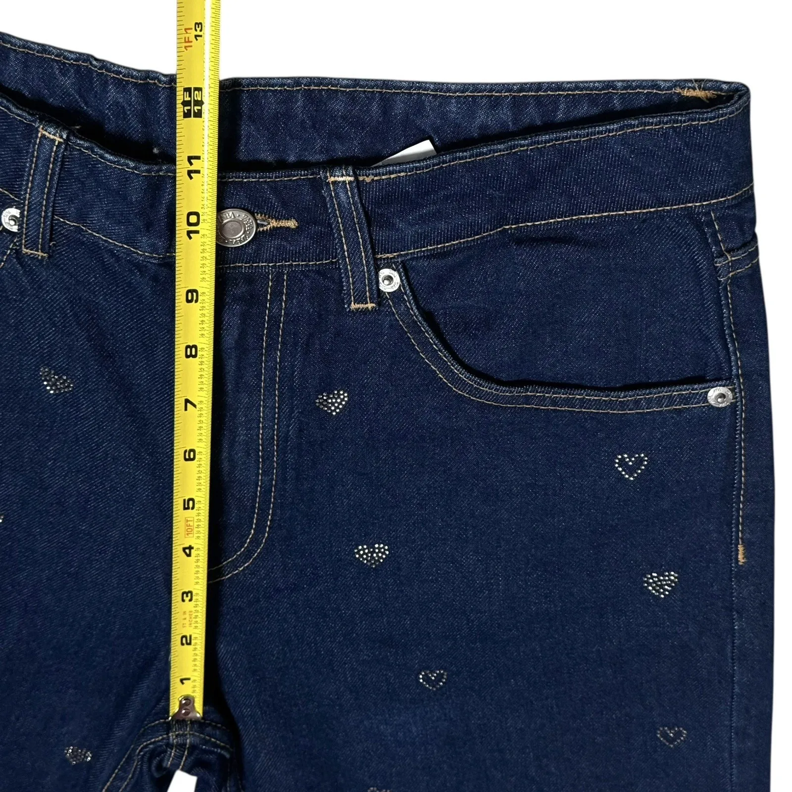 Zara TRF Denim Navy Wide Leg Rhinestone Heart Mid Waist Jeans Valentine's 6 - Image 11
