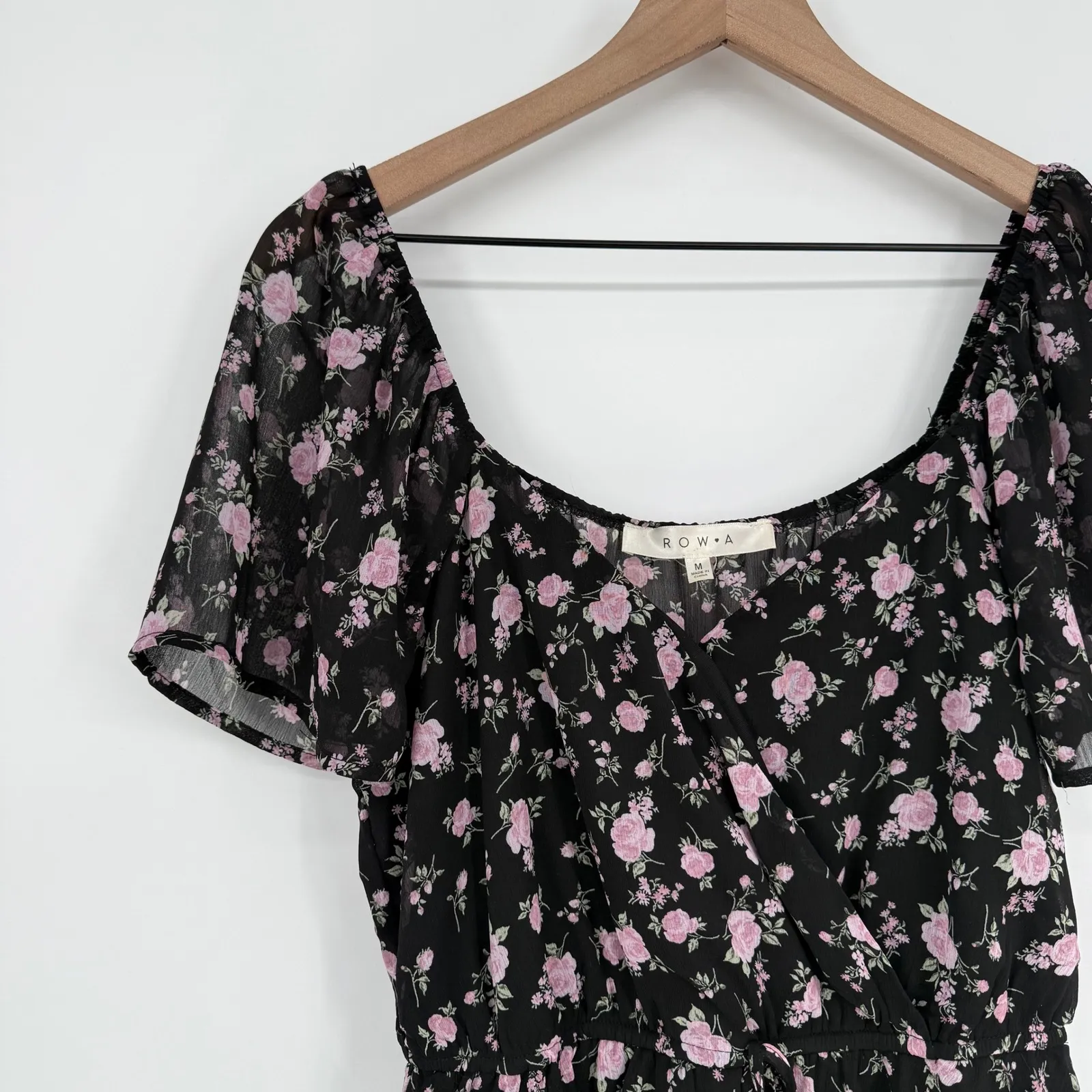 ROW A Black Pink Floral Ruffle Tiered Mini Dress Short Sleeve Square Neck M Size M - Image 4