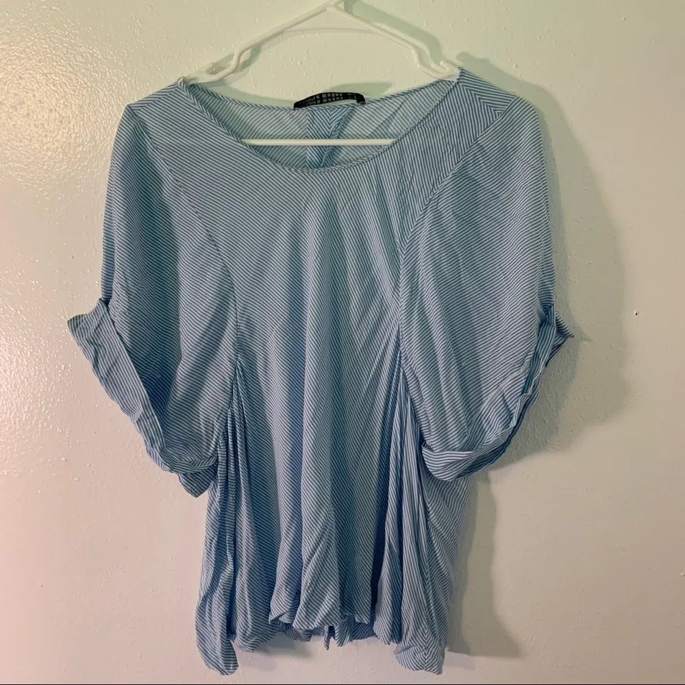 Zara Short Puff Sleeve Blouse Blue White Stripes - Image 3