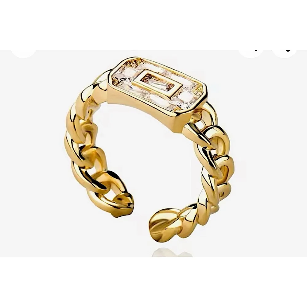 Unisex 14k Gold Filled Rectangle Diamond‎ Simulant Link Ring, Adjustable Open - Image 10