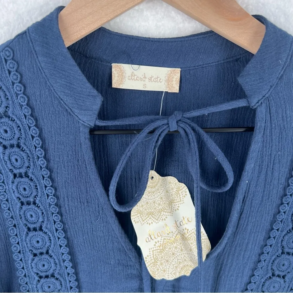 Altar'd State Cotton Crinkled Gauzy Lace Trim Lantern Sleeve Peasant Top - Image 2