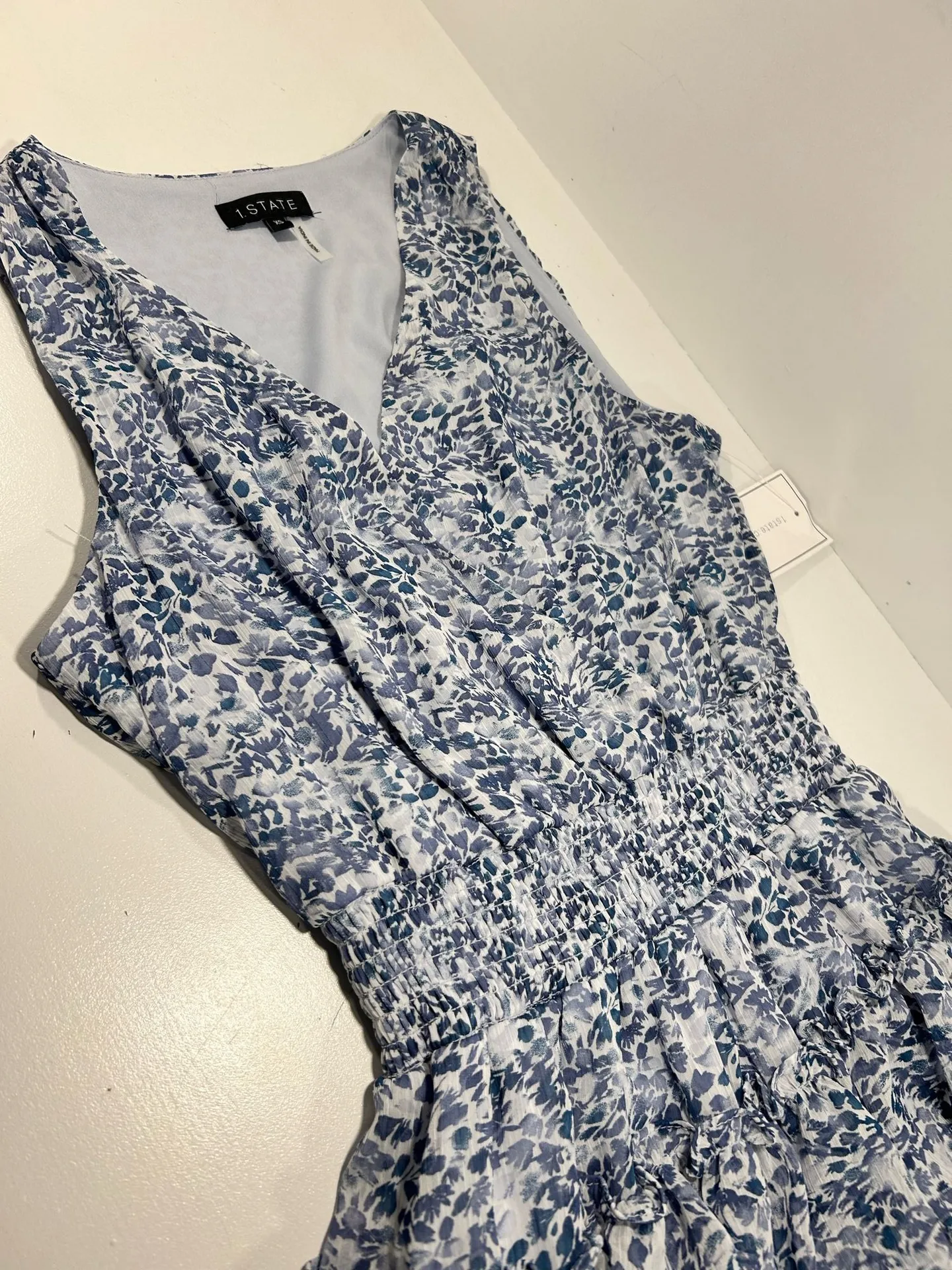 1.STATE Blue White Floral Tiered Ruffle Dress XS Sleeveless NWT - Image 3