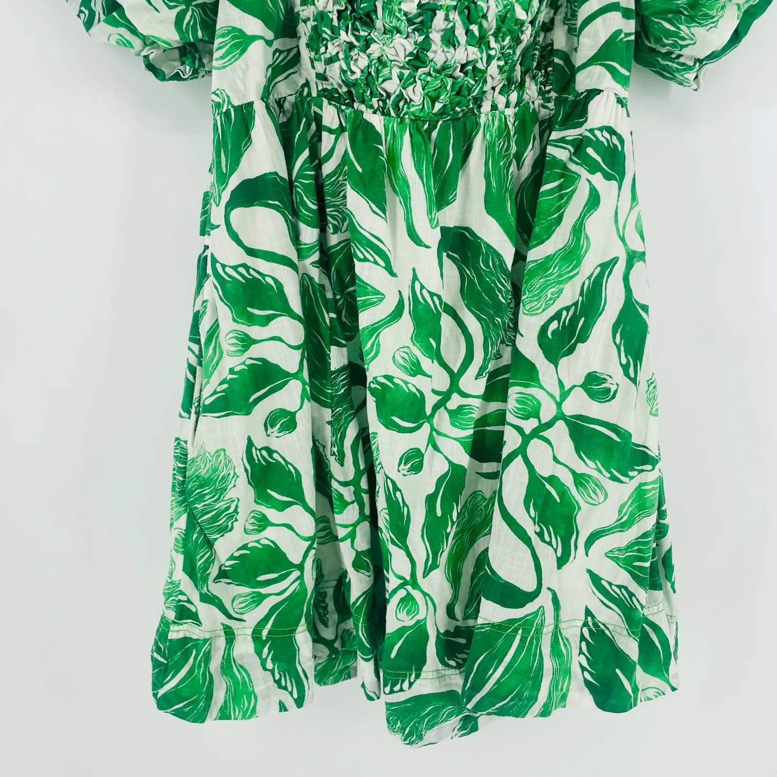 Maeve x Yukiko Noritake Green Leaf Smocked Square Neck Puff Sleeve Mini Dress L Size L - Image 4