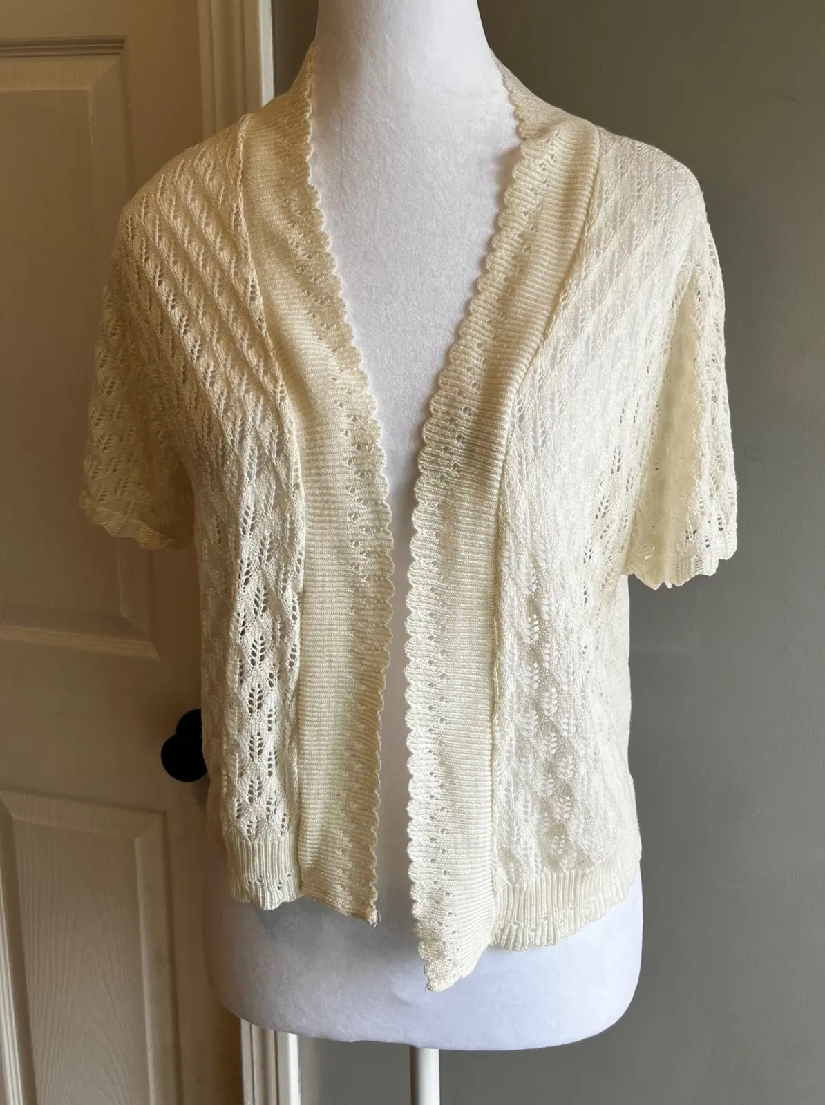 Crochet Knit Cardigan Top, Open Front, Short Sleeve, Cottagecore Style Size L - Image 1