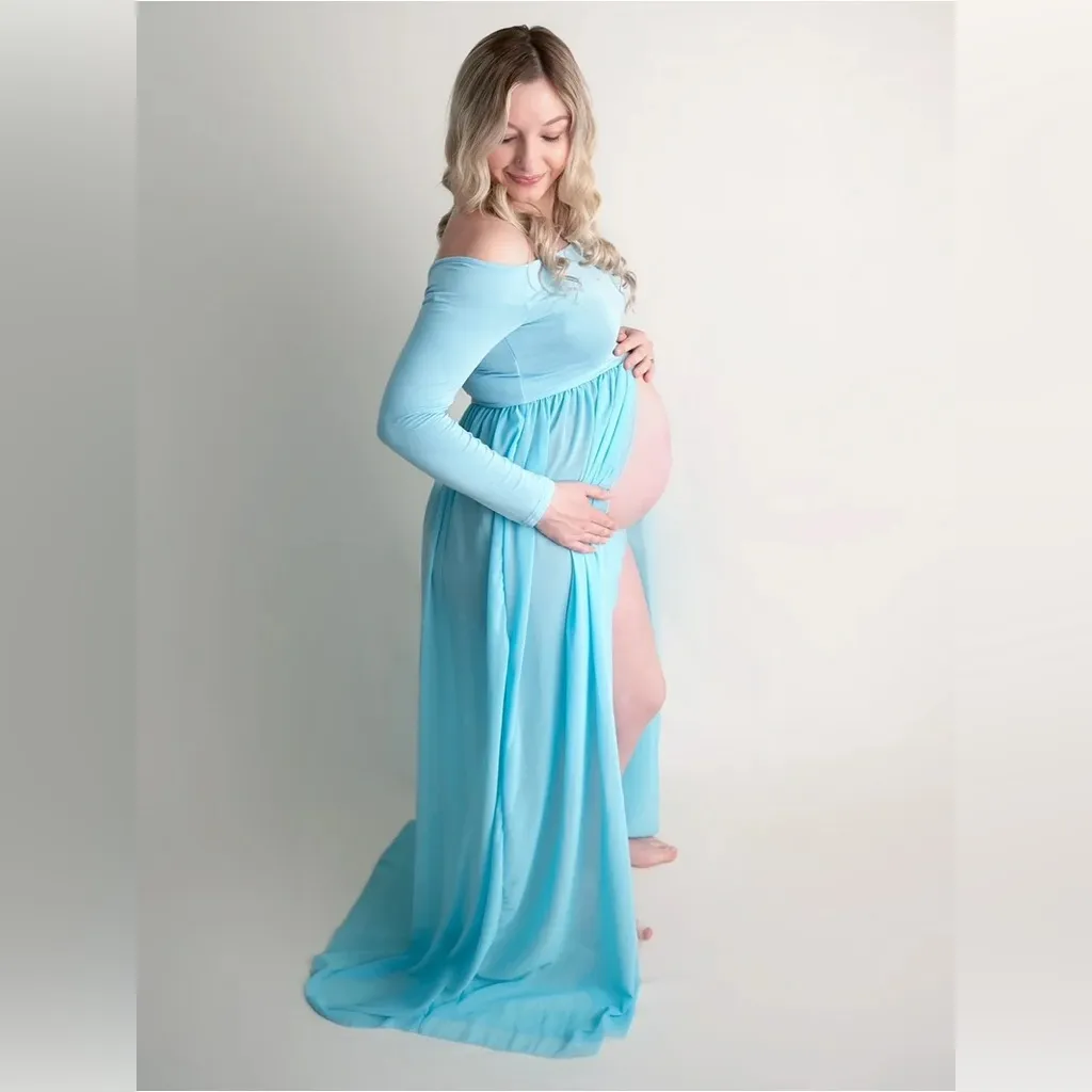 Maternity Maxi Chiffon Photography Dress Split Front Gown for Photoshoot L - Image 2